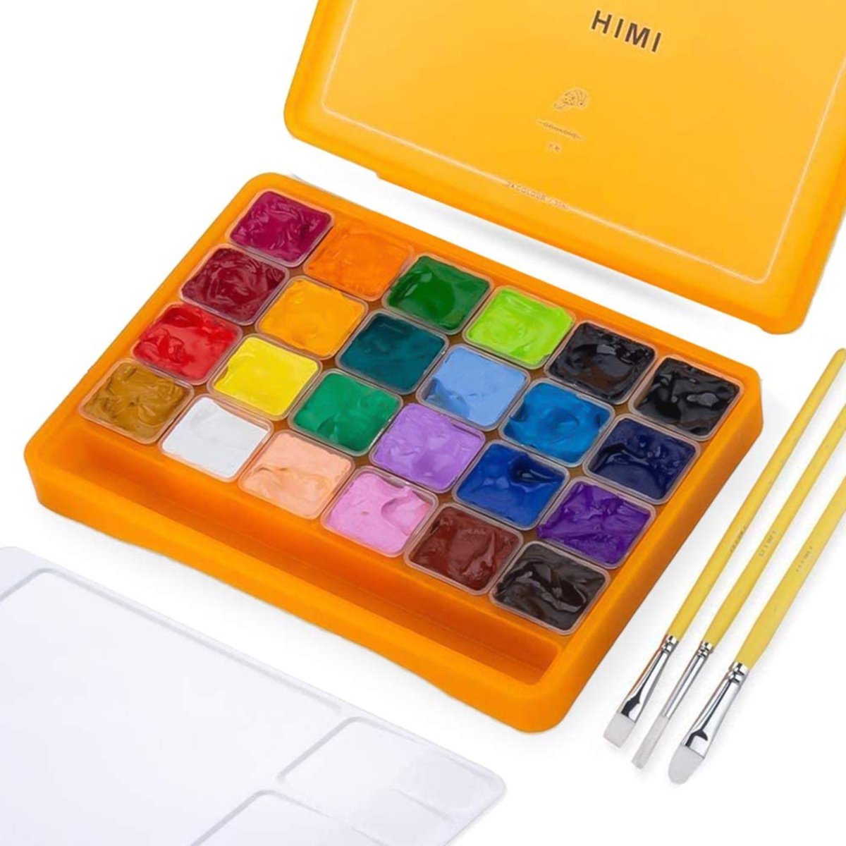 HIMI - Gouache - set van 24 kleuren x 30ml - in kunststof opbergbox oranje + penselen set van 3 - Geel