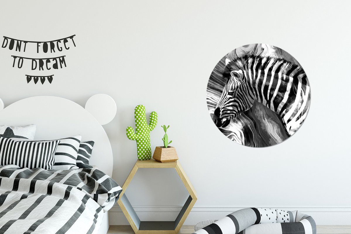 WallCircle - Wandcirkel - Muurcirkel - Schilderij - Olieverf - Zebra - Dieren - Zwart - Wit - Aluminium - Dibond - 60x60 cm - Binnen en Buiten
