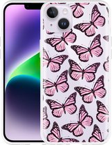 Geschikt voor Apple iPhone 14 Plus Hoesje Roze Vlinders - Designed by Cazy