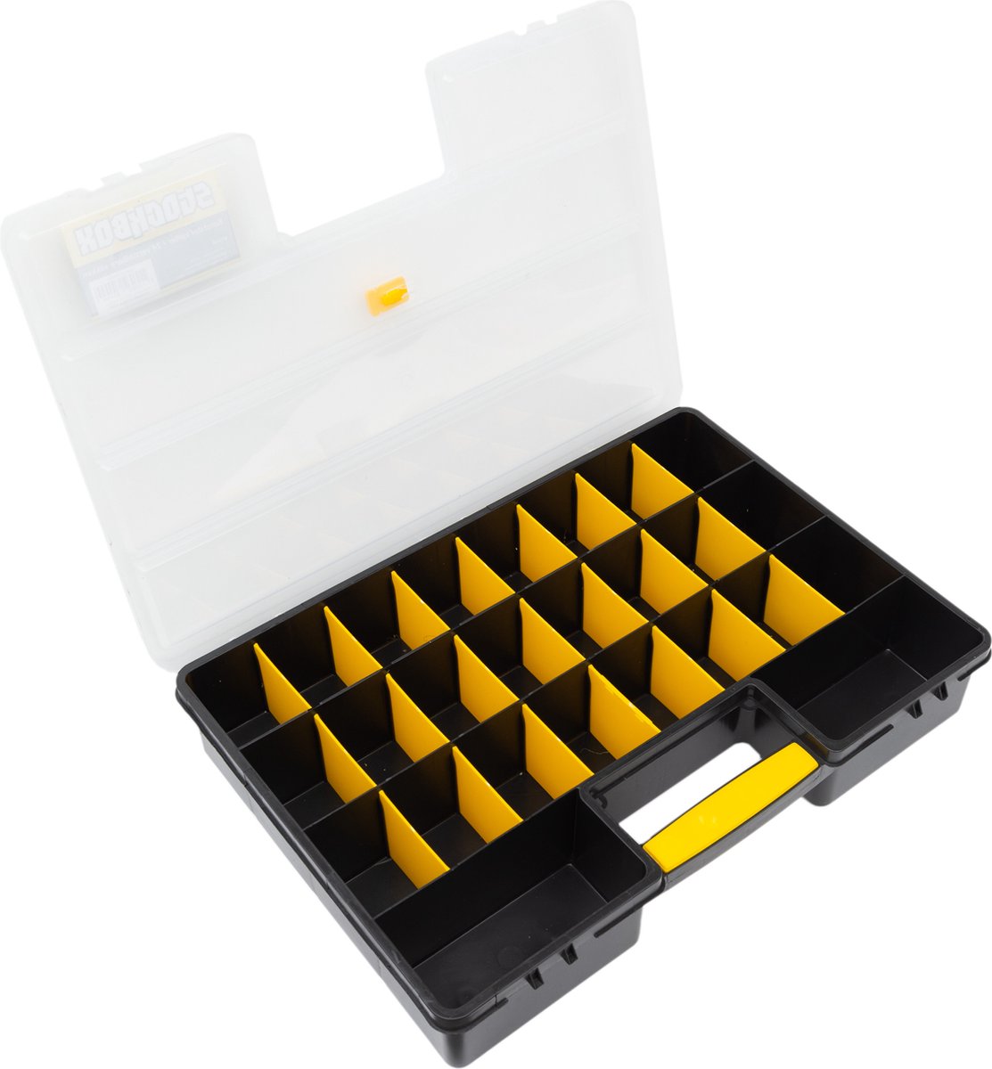 EASTWALL Stockbox – Sorteerdoos met uitneembare vakverdeling – Gereedschapskoffer - Uitstekend geschikt voor het sorteren van schroeven – Opbergdoos met 24 uitneembare vak verdelers – Kunststof – L45.5xB32xH8 cm – Zwart/Geel