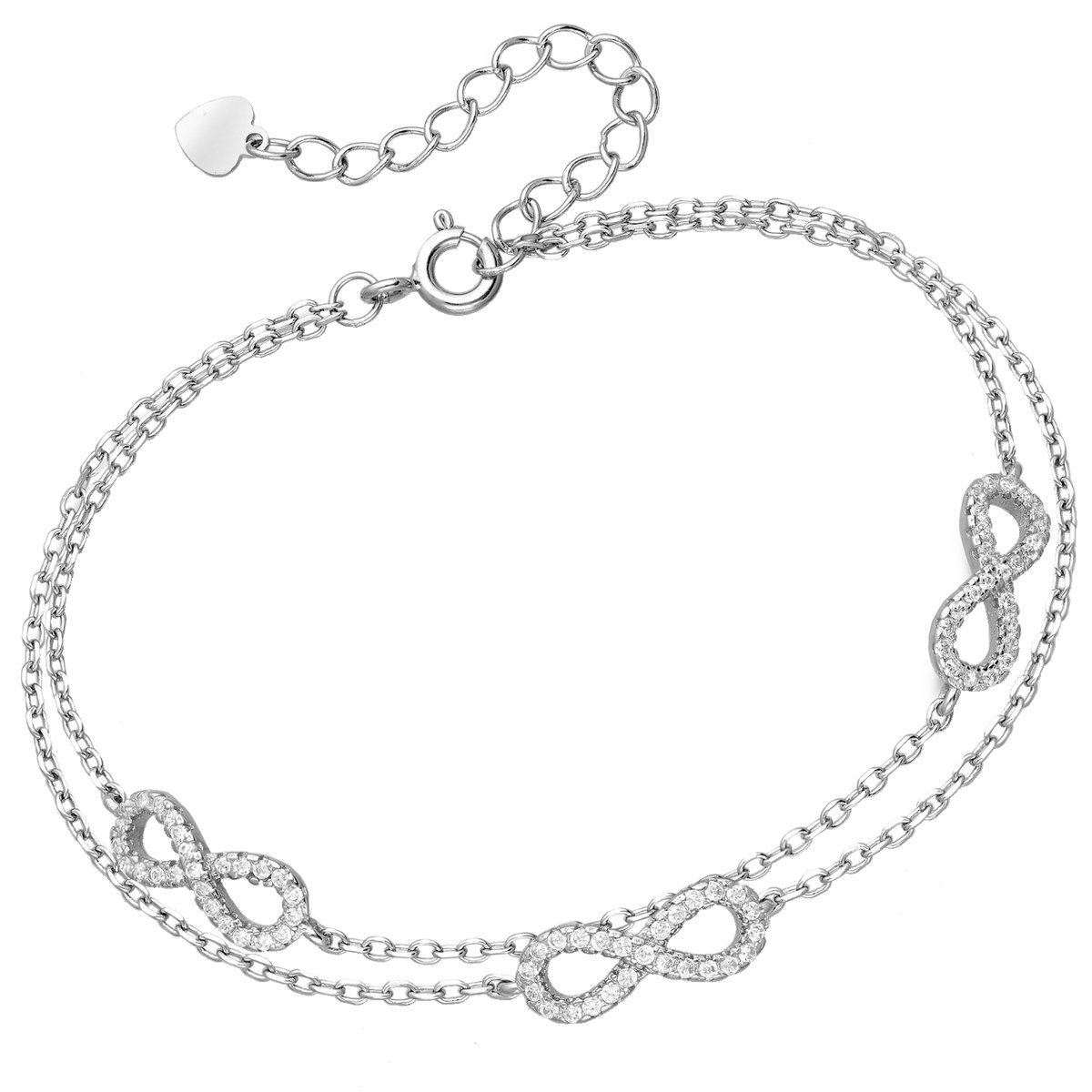 EAR IT UP - Armband - Dames - Dubbel - Infinity - 2 in 1 - Gerhodineerd zilver - Zirkonia - Pavézetting - 16,5 tot 20 cm - 1 stuk