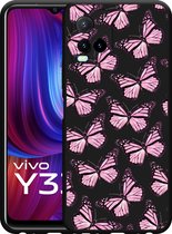 Vivo Y33s Hoesje Zwart Roze Vlinders - Designed by Cazy