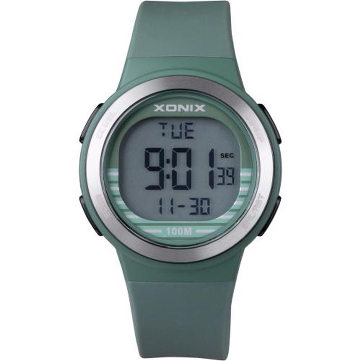 Xonix BAV-004 - Horloge - Digitaal - Unisex - Siliconen band - ABS - Cijfers - Achtergrondverlichting - Alarm - Start-Stop - Chronograaf - Tweede tijdzone - Waterdicht - 10 ATM - Groen - Zilverkleurig