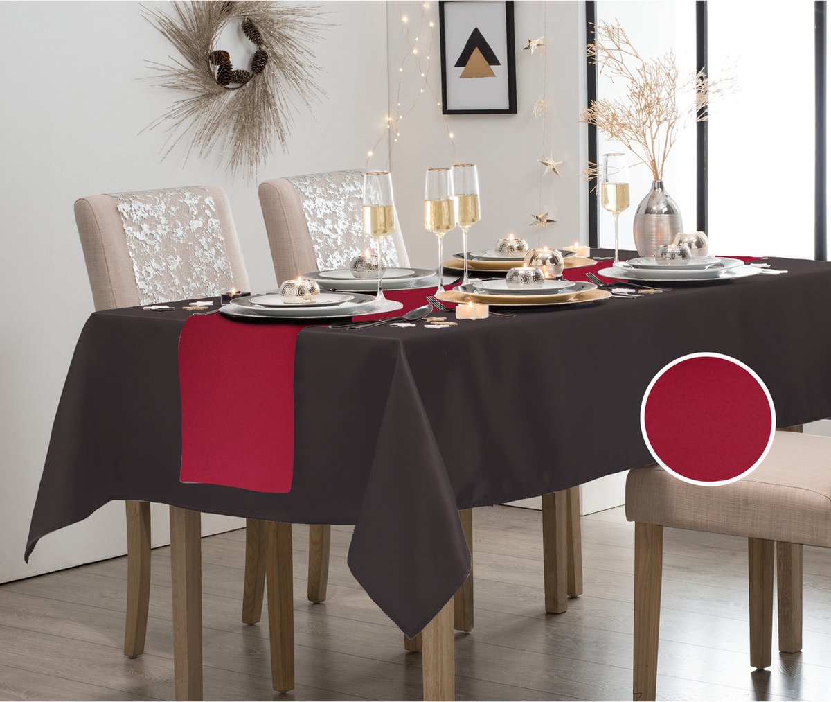 Atmosphera Tafelkleed/tafellaken zwart polyester 140 x 240 cm met tafelloper rood