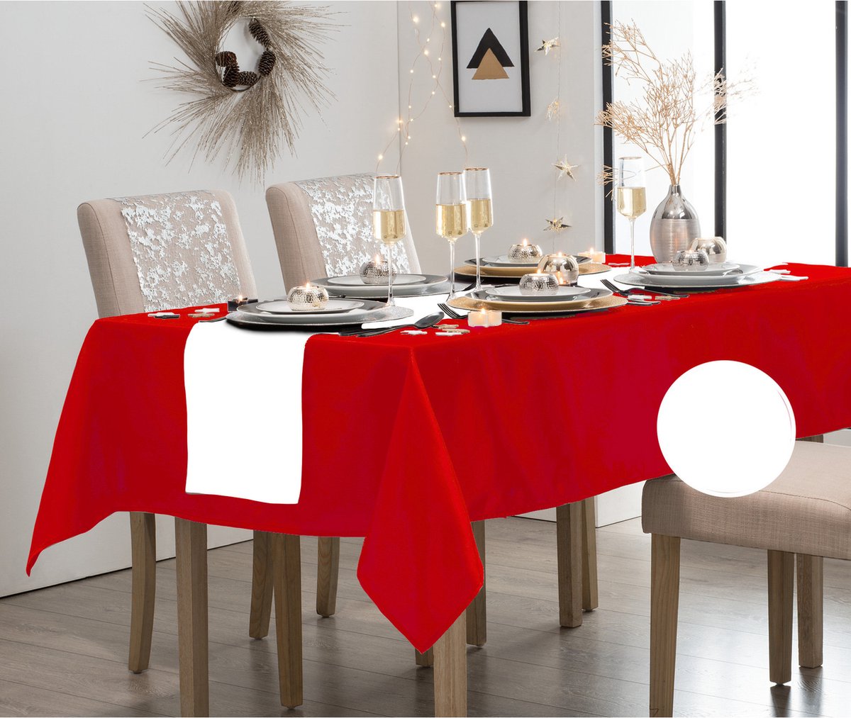 Atmosphera Tafelkleed/tafellaken rood polyester 140 x 240 cm met tafelloper wit