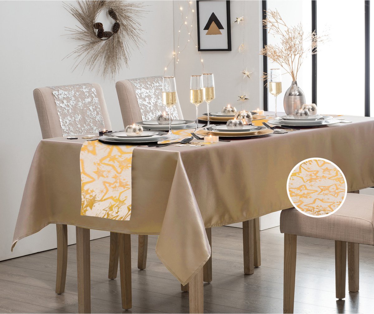 Atmosphera Tafelkleed/tafellaken goud polyester 140 x 240cm met kerst tafelloper