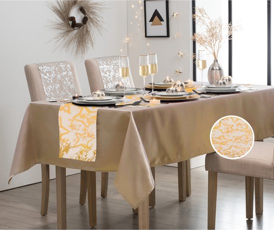 Atmosphera Nappe / nappe polyester doré 140 x 240cm avec chemin de table  Noël
