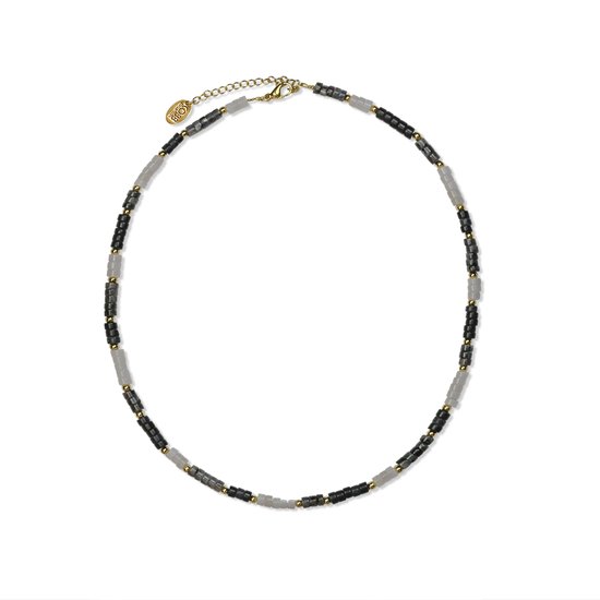 CO88 Collection 8CN-26323 Collier de perles de Perles avec Jade Witte Agate Zwart et Labradorite Zwart - Femme - Agate - Jade - Labradorite - Acier - Perle 4 x 2 mm - Longueur 40 + 5 cm - Zwart / Doré