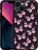 iPhone 13 Hoesje Zwart Roze Vlinders - Designed by Cazy