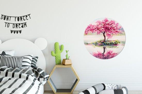 Muurcirkel - Bloesemboom - Sakura - Olieverf - Water - Natuur - Ronde wanddecoratie - Muurdecoratie - ⌀ 60 cm - Wandcirkel - Muurcirkel binnen
