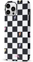 xoxo Wildhearts Thunderstruck - Double Layer - Hard Case geschikt voor iPhone 13 Pro Max hoesje - Bliksem hoesje - Dames hoesje geschikt voor iPhone 13 Pro Max hoesje - Geruit hoesje - beschermhoes - geblokt - zwart / wit