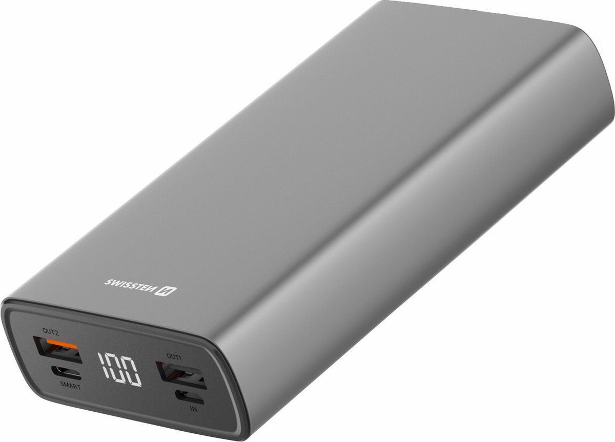 Swissten Powerbank Aluminium Body - 20.000 mAh - Snellader - Batterij LED-Display - USB & USB-C - Grijs