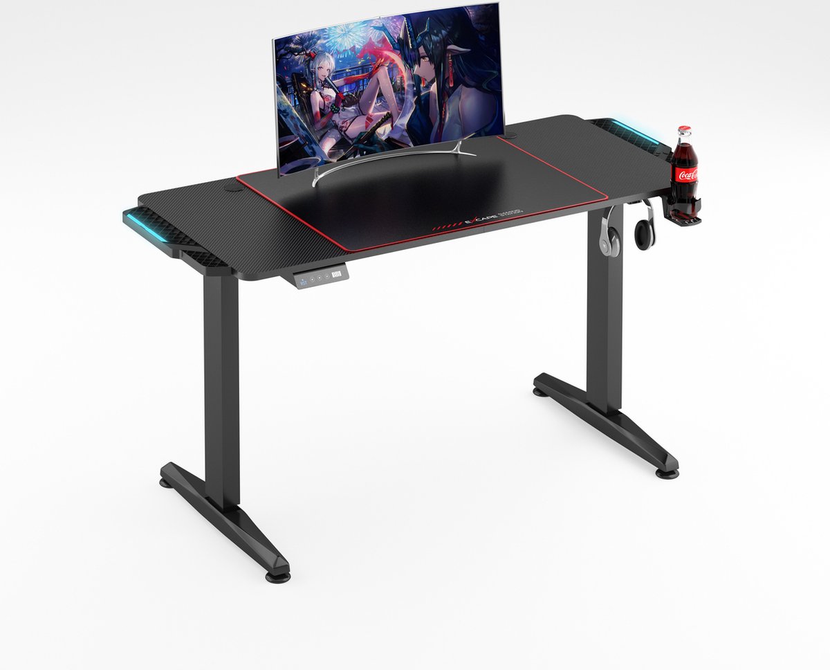 eXcape Gaming tafel H14 elektrisch in hoogte verstelbaar met LED verlichting 140cm (+16cm verlengingen) x 60cm - carbon look, gaming bureau - incl. bekerhouder, koptelefoonhouder, kabelmanagement systeem