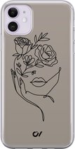 iPhone 11 hoesje siliconen - Oneline Face Flower - Geometrisch patroon - Grijs - Apple Soft Case Telefoonhoesje - TPU Back Cover - Casevibes