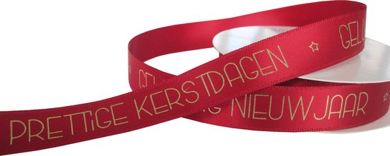 Foto: Kerstlint 16mm 1 6cm satijnlint luxe kwaliteit kerst lint prettige kerstdagen gelukkig nieuwjaar donker rood 260 goud folie glans cadeaulint decoratielint rol 10 meter