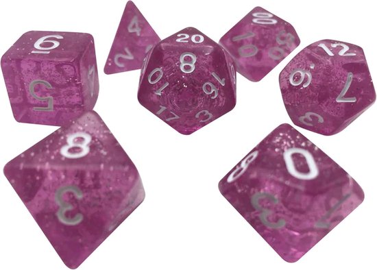 Afbeelding van het spel D&D dice set - DnD dobbelstenen set - Licht Paars Glitter - Dungeons and Dragons dobbelstenen Inclusief velvet bewaarzakje