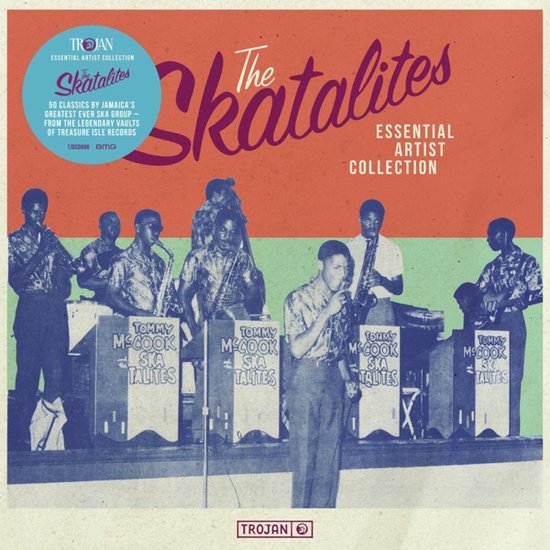 Albumhoes met artwork van The Skatalites, een groep van 7 mannen die instrumenten spelen op een podium. Tekst: The Skatalites Essential Artist Collection.