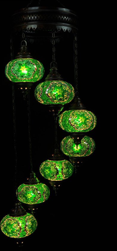 Lampe Turque - Suspension - Lampe Mosaïque - Lampe Marocaine - Lampe Orientale - ZENIQUE - Authentique - Handgemaakt - Lustre - Vert - 7 ampoules