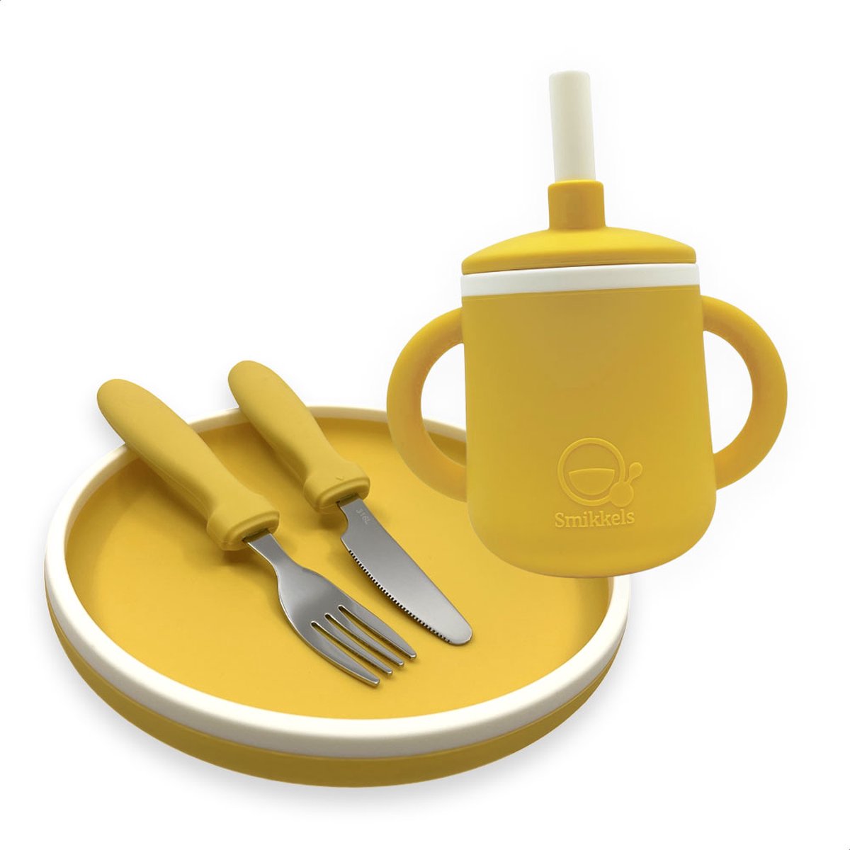 Smikkels - Siliconen Eetset - Bordje, mes, vork en drinkbeker met oren - Geel - kinderservies - kinderbordje - kinderbestek - duurzaam - bestek - servies - kind - kleuter - peuter