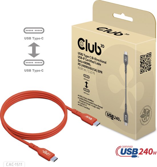 Club 3D USB-C® naar USB-C® USB-IF Certified Kabel, Data 480Mb, PD 240W(48V/5A) EPR M/M 1m/3.23ft