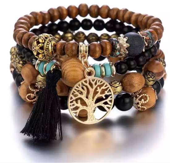 UrbanGoods - Boheemse stijl Armbanden - Houten Armband - 4 Laag kralen armband - Levensboom - Armband set