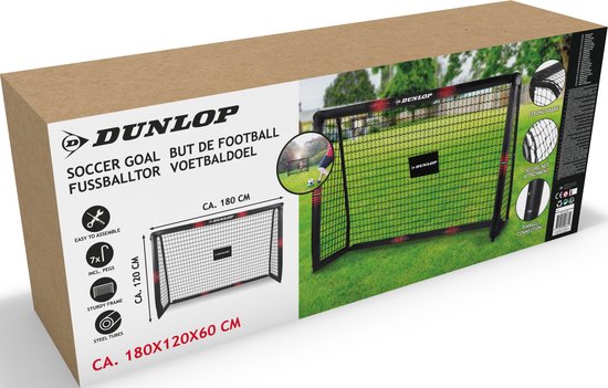 Dunlop Voetbaldoel - Voetbal Goal 180 x 120 x 60 cm - Voetbalgoal Groot - Buitenspeelgoed voor Kinderen en Volwassenen - Snelle Montage - Voetbal Training Doel - Metaal - Zwart/ Rood - Dunlop