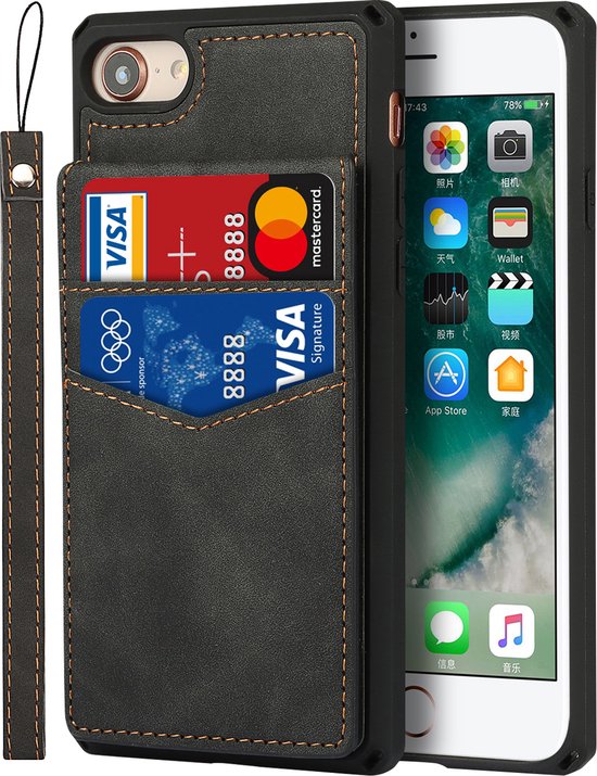 Étui à cartes pour Apple iPhone 8 | iphone 7 | Couverture arrière en cuir PU | Cas de téléphone de Luxe | Porte-cartes | Noir