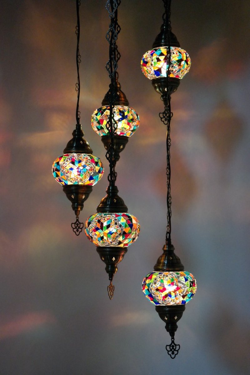Turkse Lamp - Hanglamp - Mozaïek Lamp - Marokkaanse Lamp - Oosters Lamp - ZENIQUE - Authentiek - Handgemaakt - Kroonluchter - Multicolour mix- 5 bollen