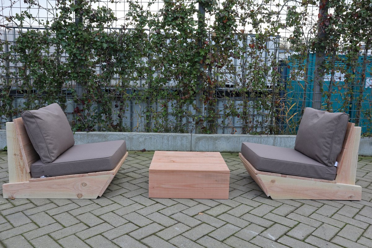 Set van 2 bankjes 60cm & tafel “Sauna” van douglas hout – Taupe kussens – relax bank set – Loungebank – Lage zetel - 2 persoons