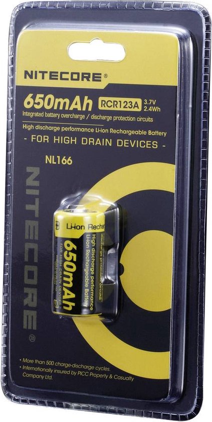 NiteCore NL166 Pile rechargeable spéciale 16340 Li-Ion 3.7 V 650 mAh