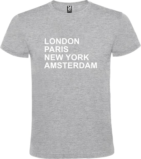 Grijs T-shirt 'LONDON, PARIS, NEW YORK, AMSTERDAM' Wit Maat M