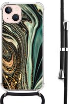 Hoesje met koord geschikt voor iPhone 13 - Magic marble - Inclusief zwart koord - Crossbody beschermhoes - Transparant, Groen - Mooie Telefoonhoesjes