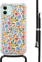 Hoesje met koord geschikt voor iPhone 11 - Romantische bloemen - Inclusief zwart koord - Crossbody beschermhoes - Transparant, Multi - Mooie Telefoonhoesjes