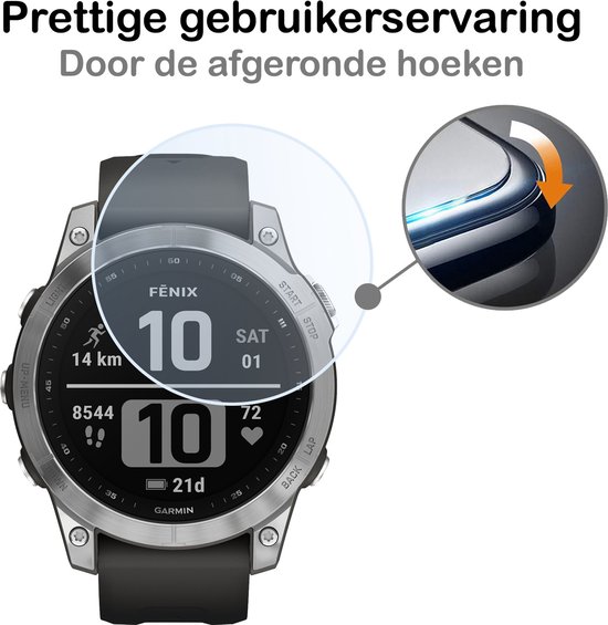 Garmin Fenix 7 smartwatch met een ronde screenprotector. Fijne gebruikservaring door afgeronde hoeken.