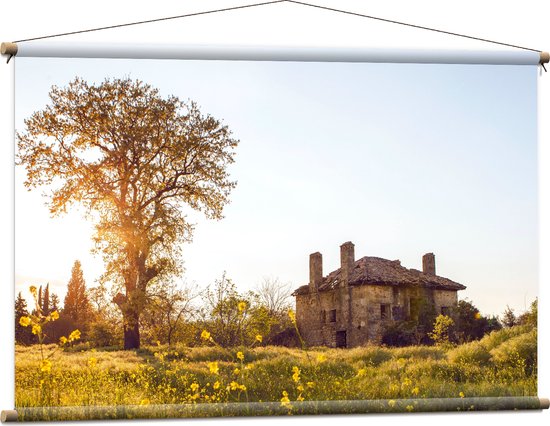 WallClassics - Affiche textile - Bâtiment abandonné près d'un arbre - 120x80 cm Photo sur textile