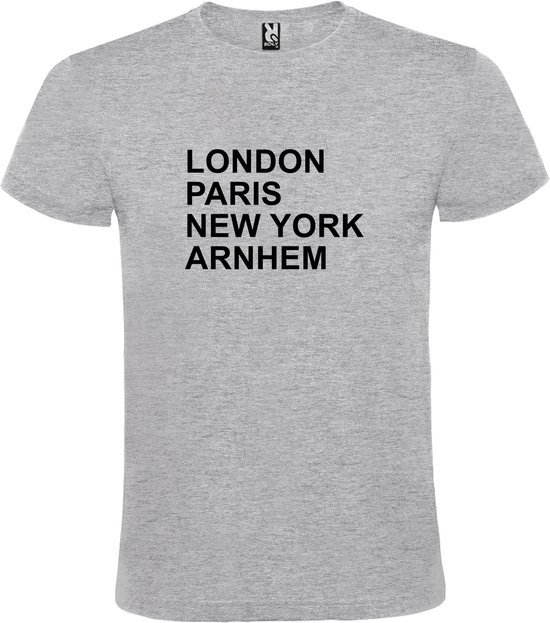 Grijs T-shirt 'LONDON, PARIS, NEW YORK, ARNHEM' Zwart Maat XS