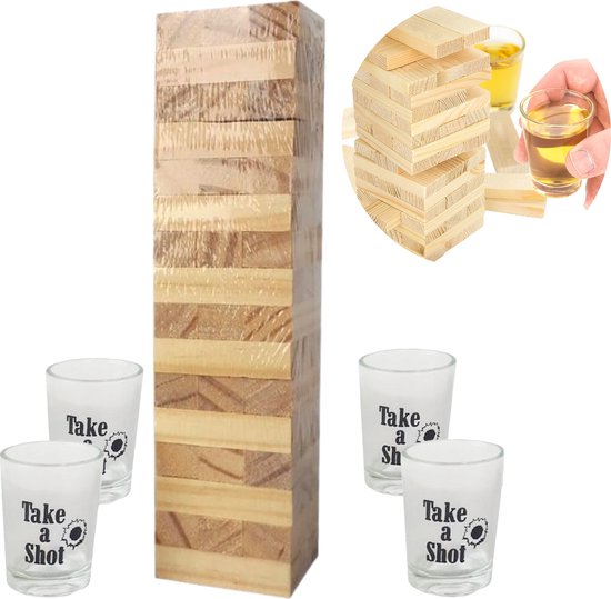 Afbeelding van het spel Cheqo® Torenspel Drinkspel - Stapeltoren - Houten Toren - 48 Stenen met 4 Shotglaasjes - Shotglazen - Drankspel