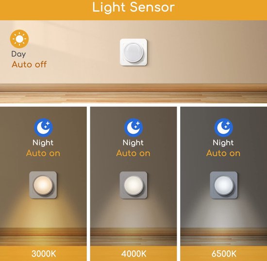 Aigostar 10BA4 - 2 Stuks LED Nachtlampje Stopcontact - Dimbare Nachtlampjes met Sensor - Nacht Lamp - Kinderen & Baby - 3000-6500K - Wit