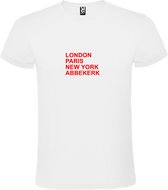 Wit T-shirt 'LONDON, PARIS, NEW YORK, ABBEKERK' Rood Maat XL