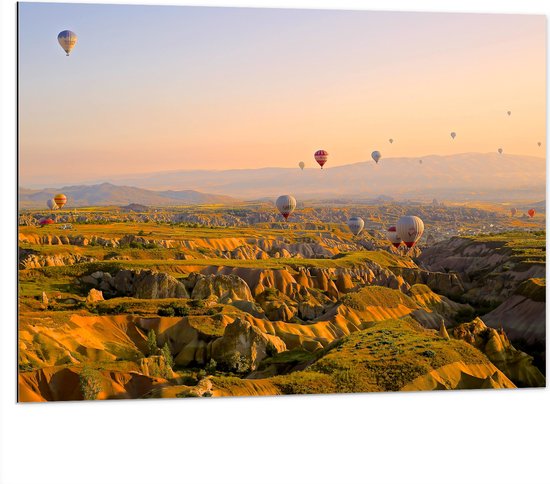 WallClassics - Dibond - Luchtballonnen boven Bergen en Heuvels - 100x75 cm Foto op Aluminium (Met Ophangsysteem)
