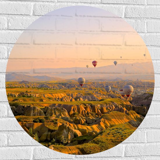 WallClassics - Muursticker Cirkel - Luchtballonnen boven Bergen en Heuvels - 80x80 cm Foto op Muursticker