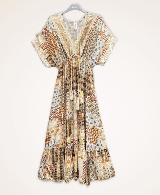 Boho vintage maxi jurk met sierwerk, franjes en hoge talie maat 38-42 | bol