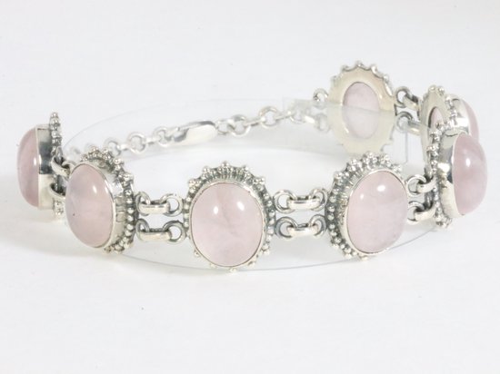 Zware bewerkte zilveren armband met rozenkwarts