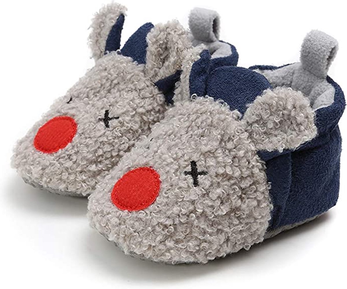 Babyslofjes - Antislip – Fleece voering - Slofjes voor je baby, dreumes voor jongens en meisjes – 0-6 Maanden (11cm) – Blauw - Grijs - Rendier