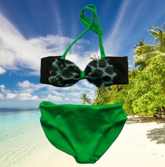 Maat 80 Bikini zwemkleding Groen zwart met panterprint strik badkleding baby en kind groen zwem kleding - Merkloos