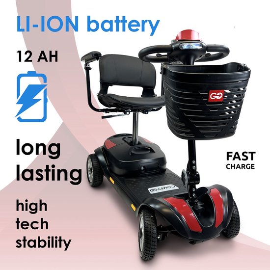 Zwarte scootmobiel met rode accenten, een mandje en een zwarte stoel. Met tekst over de LI-ION batterij.