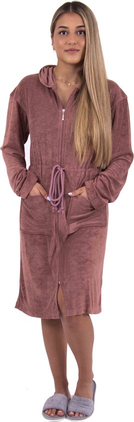 Badjas Jersey Avec Fermeture Éclair Et Capuche Rose Poudré - S - femme - sauna / bien-être - robe de chambre
