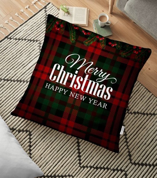 Vloerkussenhoes -70x70cm - Merry Christmas & Happy New Year - Kerst - De Groen Home