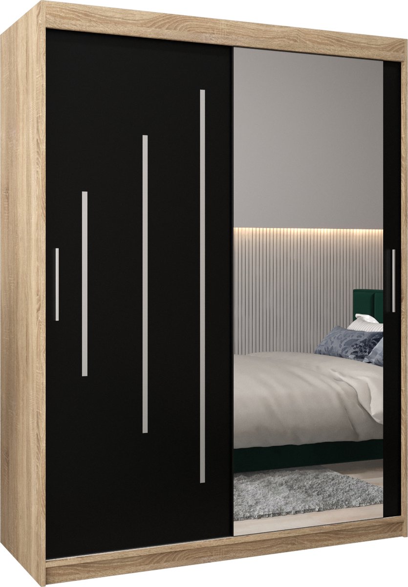 InspireME Kledingkast met 2 schuifdeuren, Modern-stijl, Een kledingkast met planken en een spiegel (BxHxD): 150x200x62 - MALTESE II 150 Sonoma Eik + Zwart Mat