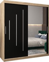 InspireMe - Kledingkast met 2 schuifdeuren, Modern-stijl, Een kledingkast met planken en een spiegel (BxHxD): 180x200x62 - MALTESE II 180 Sonoma Eik + Zwart Mat